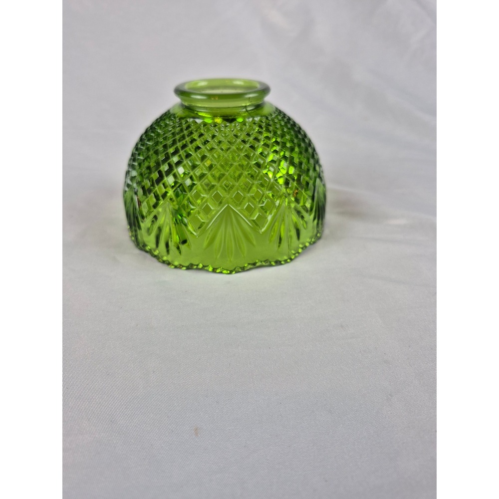 Vintage Green Pressed Glass Fairy Lamp Base Diamond Quilt Candle Holder 3.5 In